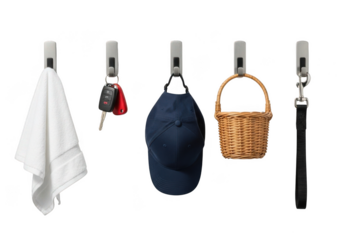 Various household items hanging on hooks isolated on transparent background
