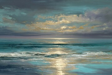 Fototapeta premium Coastal scene depicting sea reflecting sunlight, with clouds, golden hues, and waves