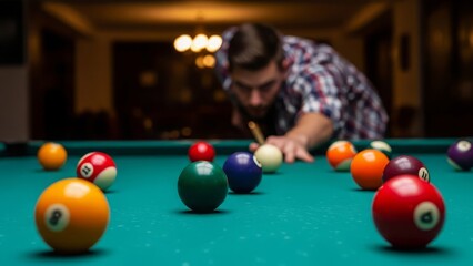 Focused young man skillfully lines up a precise shot on a vibrant green billiard table, enjoying a relaxing evening game of pool in a classic leisure setting