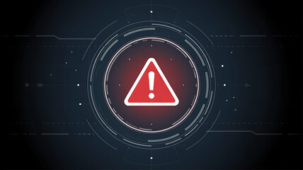 Warning sign inside digital interface with futuristic technology background and graphical elements showing risk