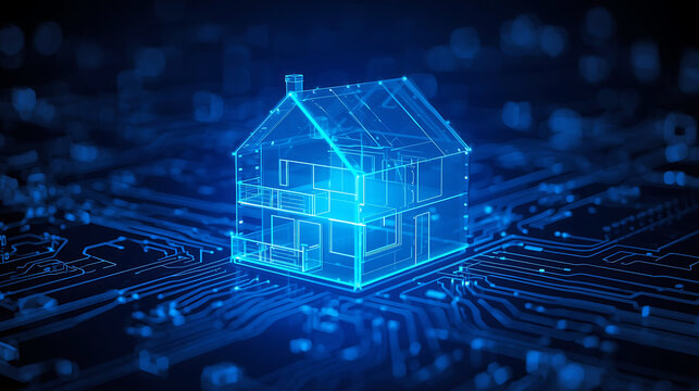 Smart home technology concept showcasing digital house blueprint on circuit board background