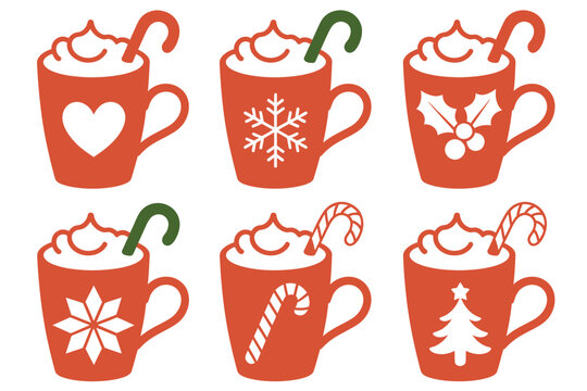 Christmas red coffee mug,  graphic highlighting warm cocoa, creamy cappuccino, classic latte, and hot chocolate drinks designed for cozy winter beverage illustration projects and holiday visuals