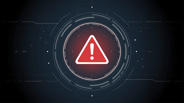 Warning sign inside digital interface with futuristic technology background and graphical elements showing risk