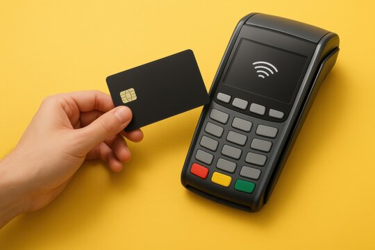 Contactless payment with a black credit card and POS terminal, symbolizing modern finance, digital transactions and secure cashless purchases. Ideal for banking ads, fintech services and e-commerce