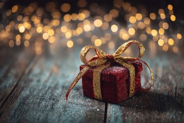 A vibrant red Christmas present with a shimmering gold bow sits on a rustic floor, glowing under twinkling tree lights, evoking a joyful holiday spirit