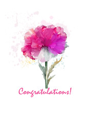 One carnation flower greeting card. hand drawn. Not AI, Vector illustration