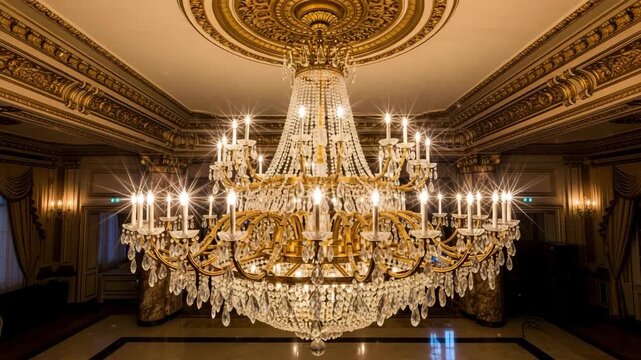 Elegant chandelier with golden accents hanging in luxurious room  