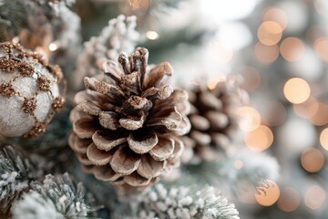 Detailed shot of natural pine cones adorned with silver accents on an artificial tree, surrounded by gentle, glowing lights, radiating a serene winter vibe