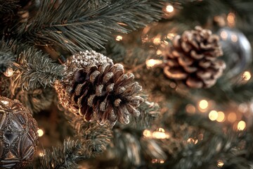 Detailed shot of natural pine cones adorned with silver accents on an artificial tree, surrounded by gentle, glowing lights, radiating a serene winter vibe
