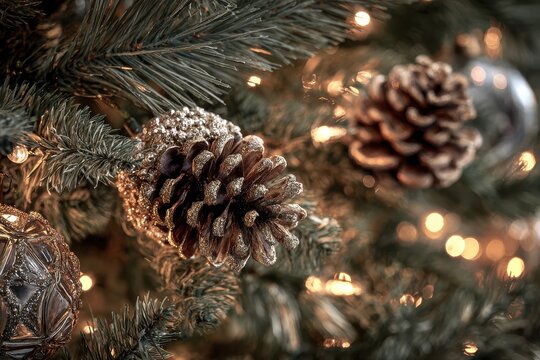 Detailed shot of natural pine cones adorned with silver accents on an artificial tree, surrounded by gentle, glowing lights, radiating a serene winter vibe