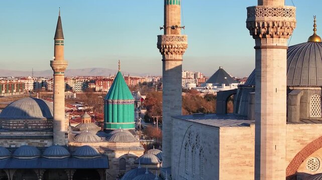 Mevlana Celaleddin Rumi Tomb and Mosque (Mevlana T&uuml;rbesi ve Cami) Night Lights Drone Video, Mevlana Konya, Turkiye (Turkey)	