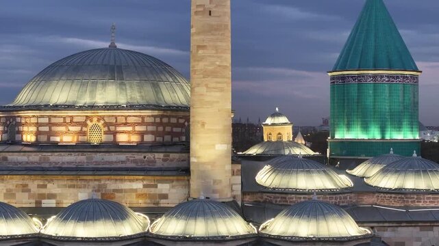 Mevlana Celaleddin Rumi Tomb and Mosque (Mevlana T&uuml;rbesi ve Cami) Night Lights Drone Video, Mevlana Konya, Turkiye (Turkey)	