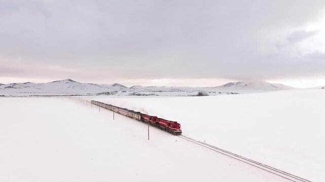 Eastern Express (Dogu Ekspresi) in the Winter Season Drone Video, Ankara to Kars Express, Kars Turkey (Turkiye)	