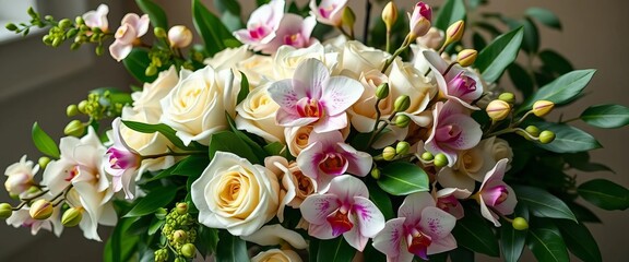 Opulent ivory roses, cascading orchids, lush greenery in elegant arrangement,  aisle,  impressive