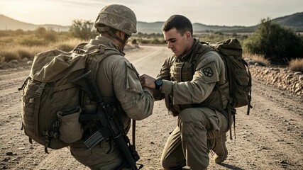 Soldiers is helping to another soldier outdoors on military training ground  