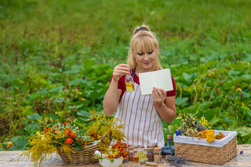 Medicinal herbs on the table. Place for notepad text. woman. Selective focus.