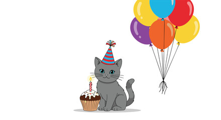 Naklejka premium Adorable grey cat celebrating its birthday, wearing a striped party hat next to a cupcake with a lit candle, with colorful balloons floating nearby.