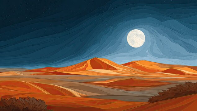 A desert landscape with rolling dunes under a starry night sky and a full moon