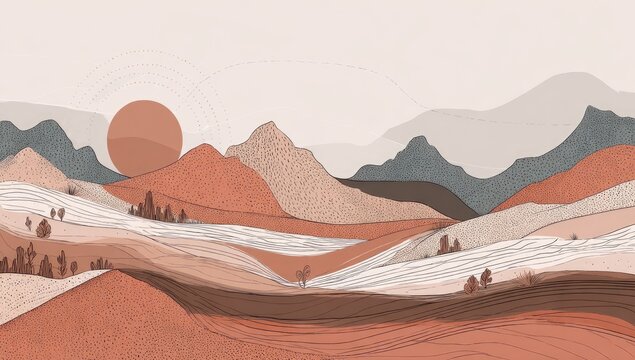 Abstract landscape illustration of layers of hills and mountains with a sun at sunset