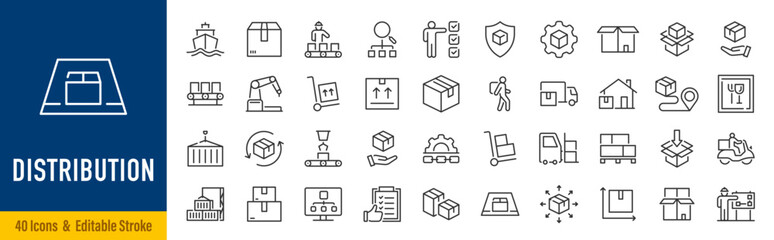 Obraz na płótnie Canvas Distribution web icons in line style. Supply chain, cargo, ship, logistic, delivery, truck, commerce. Editable stroke. Vector illustration.