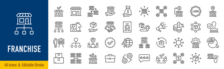 Fototapeta na wymiar Franchise web icons in line style. Business, location, brand, shop, agreement, retail, distribution. Editable stroke. Vector illustration.