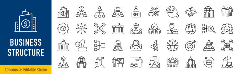 Business structure web icons in line style. Management, company, teams, finance, governance, strategy, hierarchy, productivity, employees, corporation, workers. Editable stroke. Vector illustration.