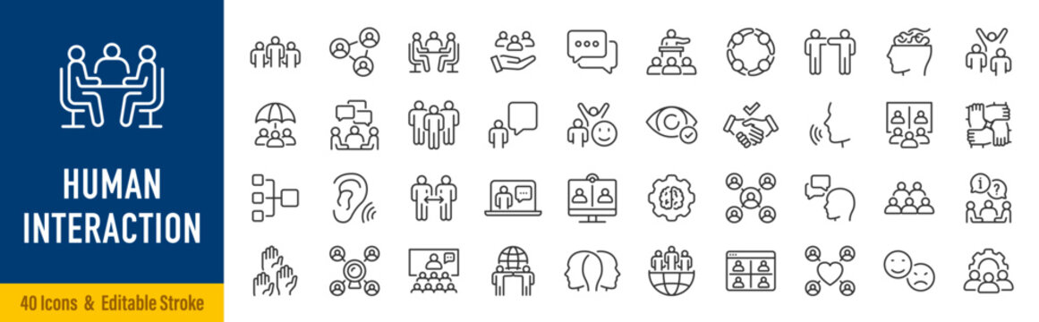 Human Interaction web icons in line style. People, communication, chat, relationships, meeting, group, friends. Editable stroke. Vector illustration.
