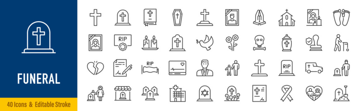 Funeral and death web icons in line style. Church, bible, coffin, gravestone, burial, flower. Editable stroke. Vector illustration.