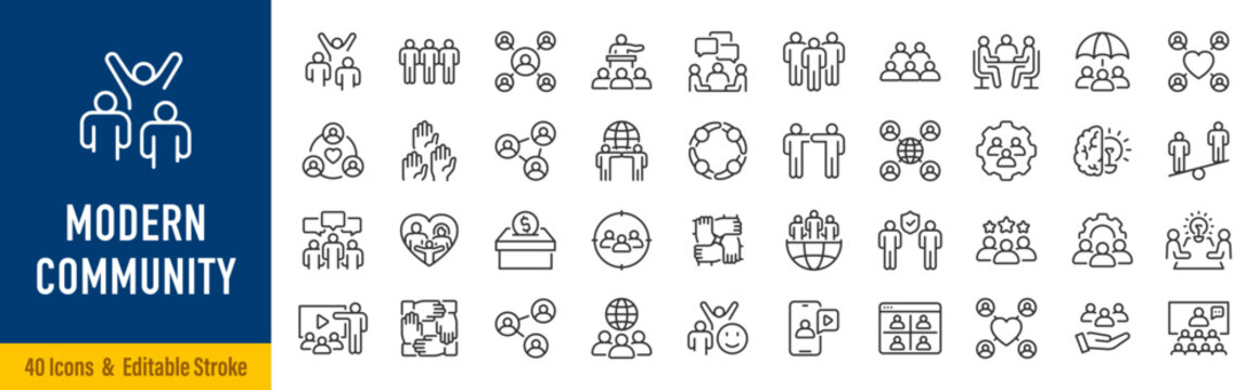Modern Community web icons in line style. People, family, friendship, community, neighborhood, inclusion. Editable stroke. Vector illustration.