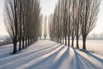 Crisp winter landscape featuring tall, snow-draped trees, bright daylight casting long shadows, instilling a sense of calm and solitude