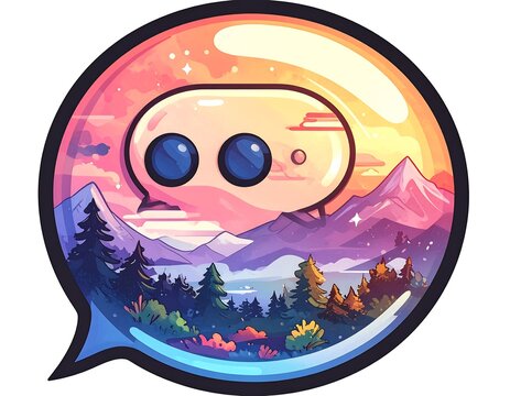 Chat bubble shaped landscape, mountains, forest, and sky, in digital art style, in a rounded rectangular bubble