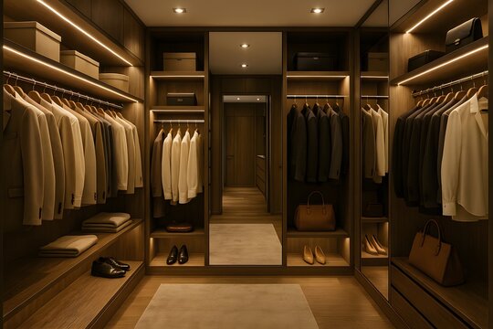 Modern Luxury Walk-in Closet Interior with Organized Clothes and Warm Lighting – Ultra Realistic Design
