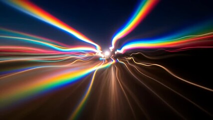 Night city driving timelapse with a prism kaleidoscope effect creating rainbow streaks. Concept of psychedelic party vision, fast urban traffic and abstract art, 4K footage. - Powered by Adobe
