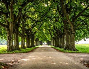 An avenue of trees creates a tunnel effect with a dirt path, bright green leaves, and dappled light illuminating the ground