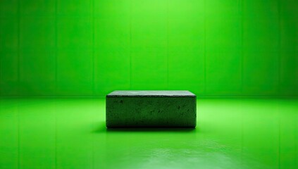 A concrete rectangular block resting on a vibrant green floor against a matching solid-colored backdrop