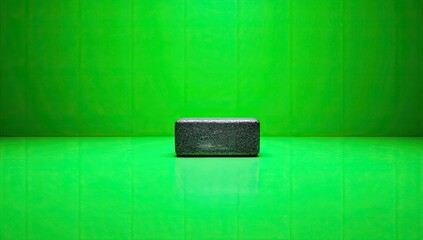A dark rectangular object sits on a reflective green surface, against a textured green backdrop