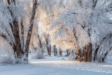 Serene winter forest scene with snow-laden trees, soft morning sunlight filtering through branches, creating a tranquil and magical atmosphere
