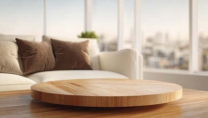 Modern living room with sofa, cushions, round wooden table, and cityscape background
