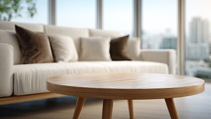 Interior view featuring a wooden coffee table, sofa, and city background through the window
