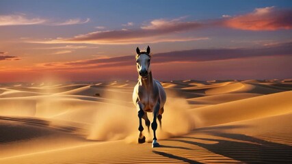 Majestic horse gallops freely across golden sand dunes during sunset, sand kicking up beneath hooves. Majestic horse exhibits power and grace amidst desert landscape. - Powered by Adobe