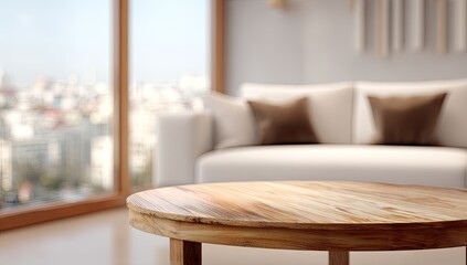 Warmly lit interior with a blurred cityscape. A wooden table is in focus