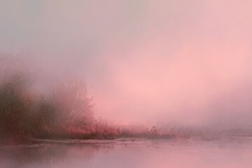 A misty, pink landscape with a body of water reflecting the soft-lit sky and obscured foliage