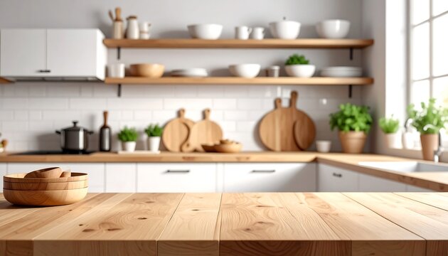 Bright, blurred kitchen view, foreground wood table; white cabinets, open shelves, plants, dishes, wood accessories