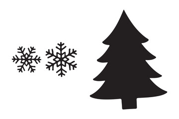 Obraz premium Simple black silhouette of a christmas tree and two snowflakes isolated on white background