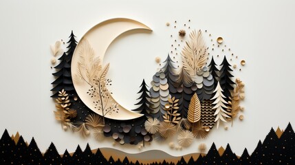 AI-generated illustration of a charming papercraft winter scene with a moon, stars and trees