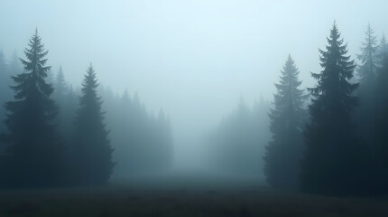 Eerie Forest Silhouette Emerging from Thick Fog Creating Dreamlike and Atmospheric Scene Ideal for Eerie Visuals and Peaceful Contemplation