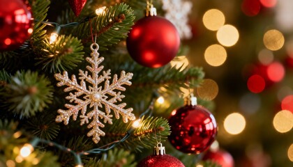 Closeup of Christmas Tree with Snowflake Ornament, Red Baubles, and Bokeh Lights