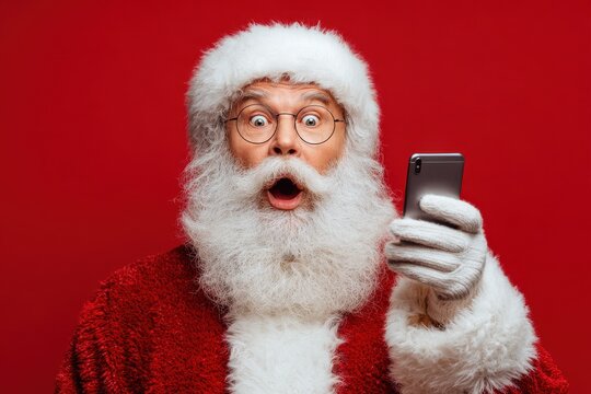 A surprised, bearded Santa Claus in a vibrant red costume, holding a smartphone, illuminated by soft, warm lighting against a bright red background, conveying a joyful and humorous mood