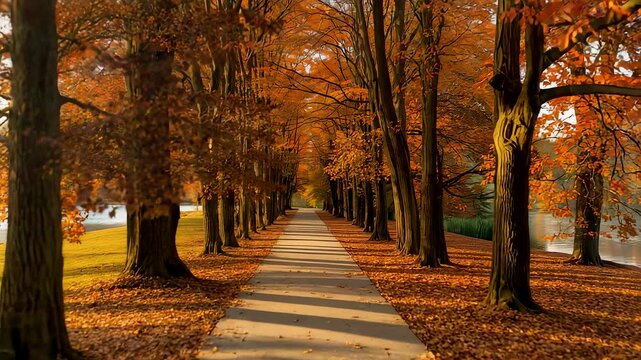 Autumn tree lined pathway covered with fallen leaves, warm seasonal colors, peaceful park walkway scene under soft natural daylight