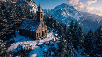 Snow covered mountain chapel surrounded by evergreen forest at golden hour